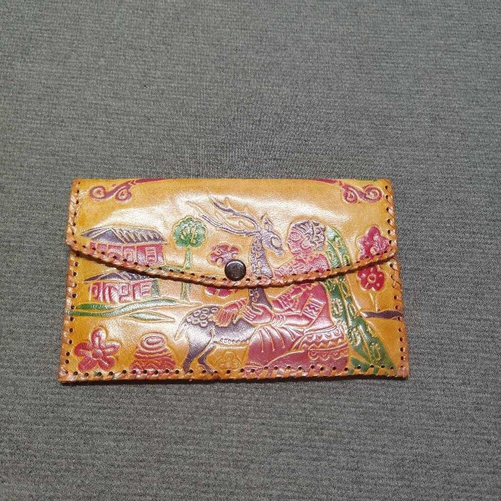 Vintage Embossed Leather Card Holder Wallet Folk Art Scene Deer Woman Brown